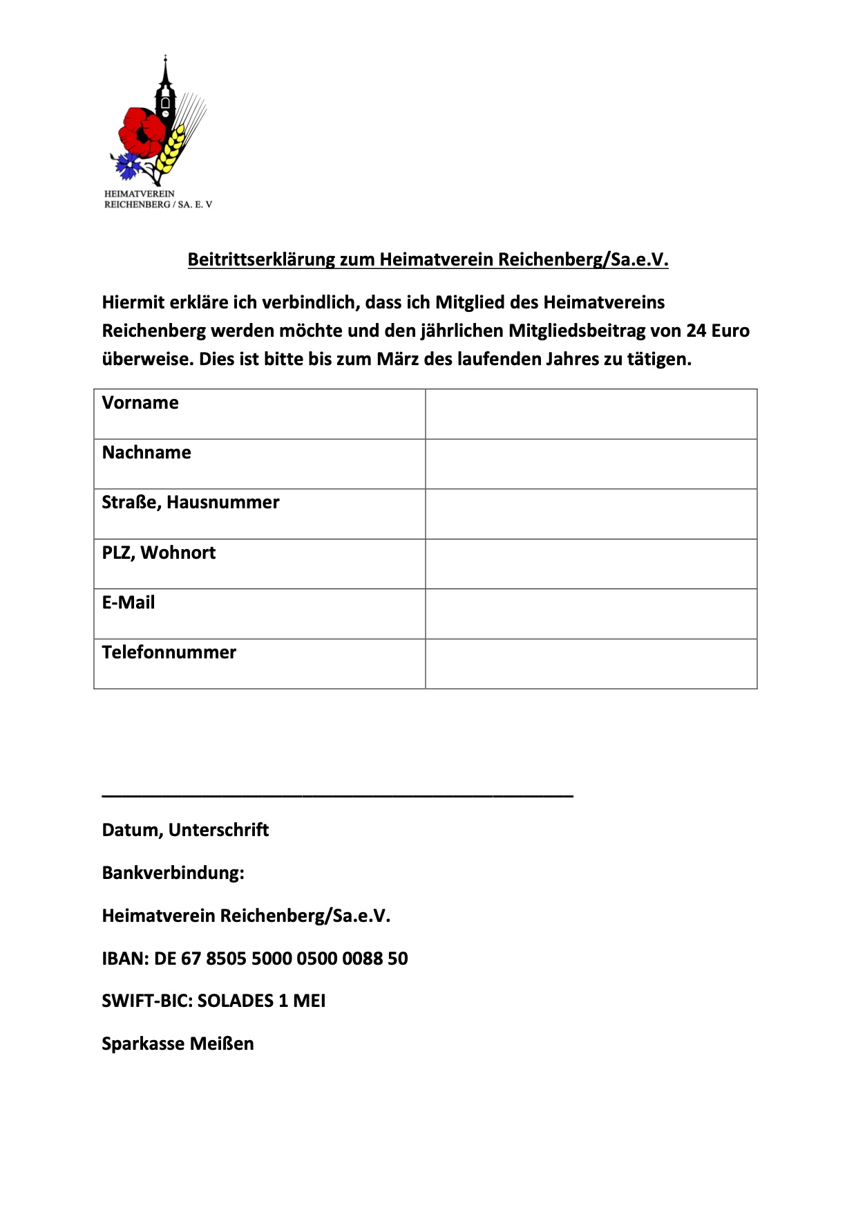 Beitrittserklärung Heimatverein Reichenberg